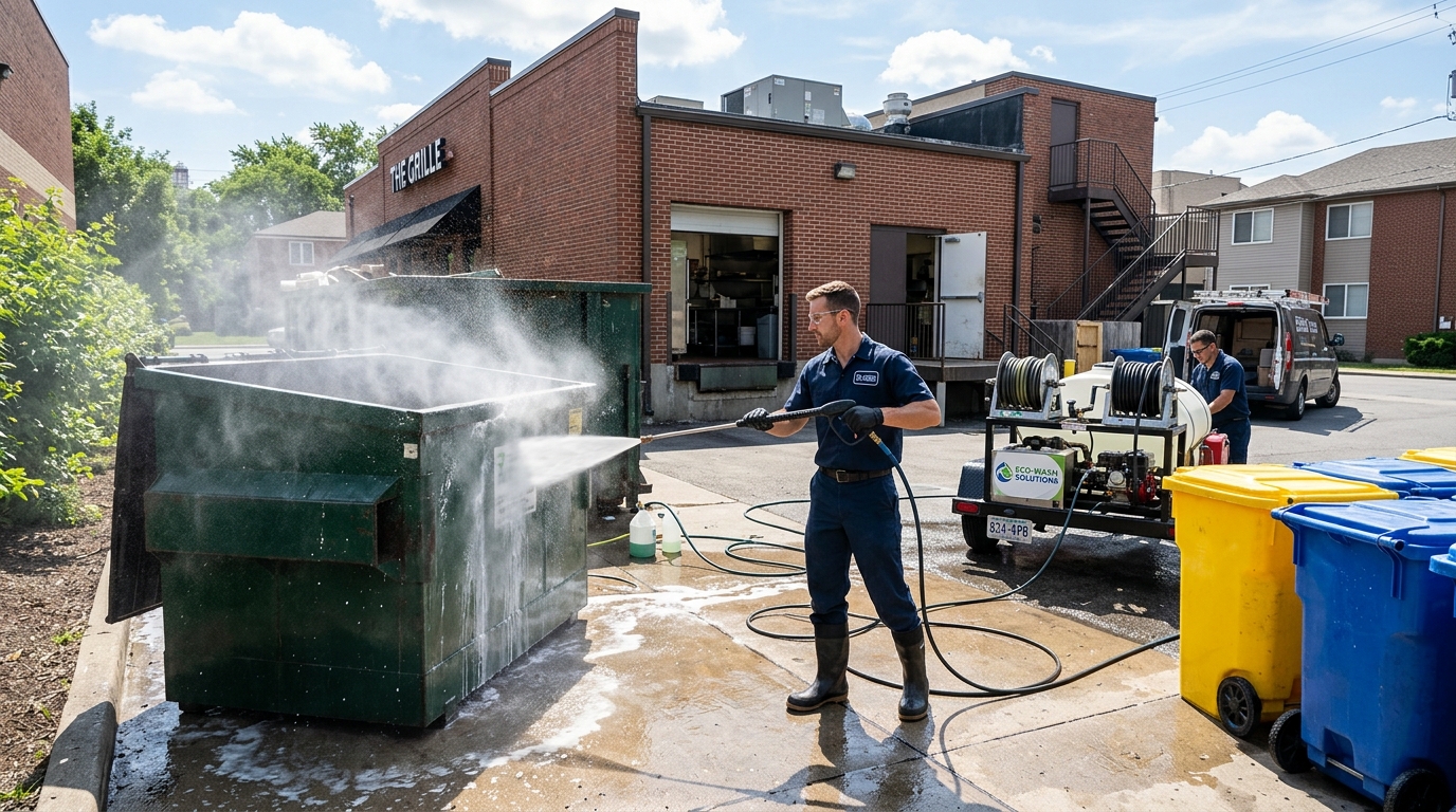 Pressure washing and sanitizing commercial dumpsters and trash bins