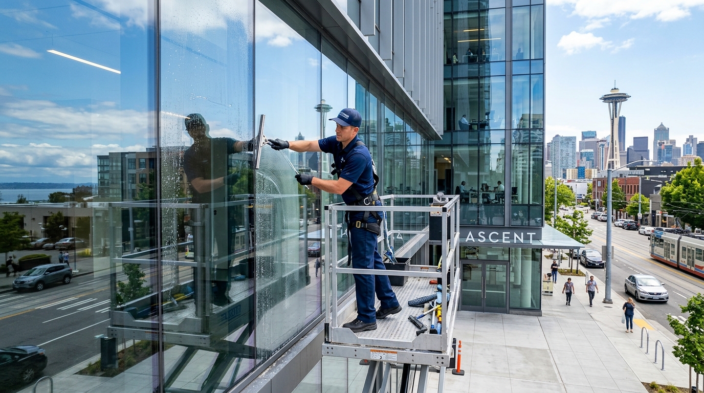 Professional commercial window cleaning on a Seattle office building